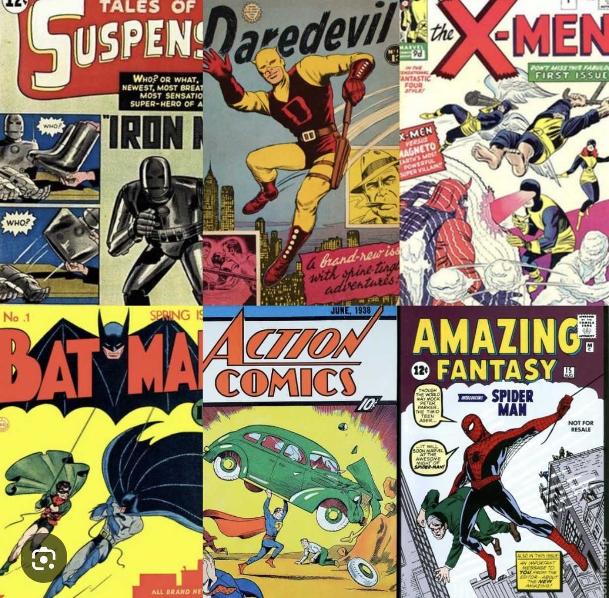 Golden and Silver Age comic book covers including Action Comics, Batman, X-Men, Daredevil, Iron Man and Amazing Fantasy Spider-Man