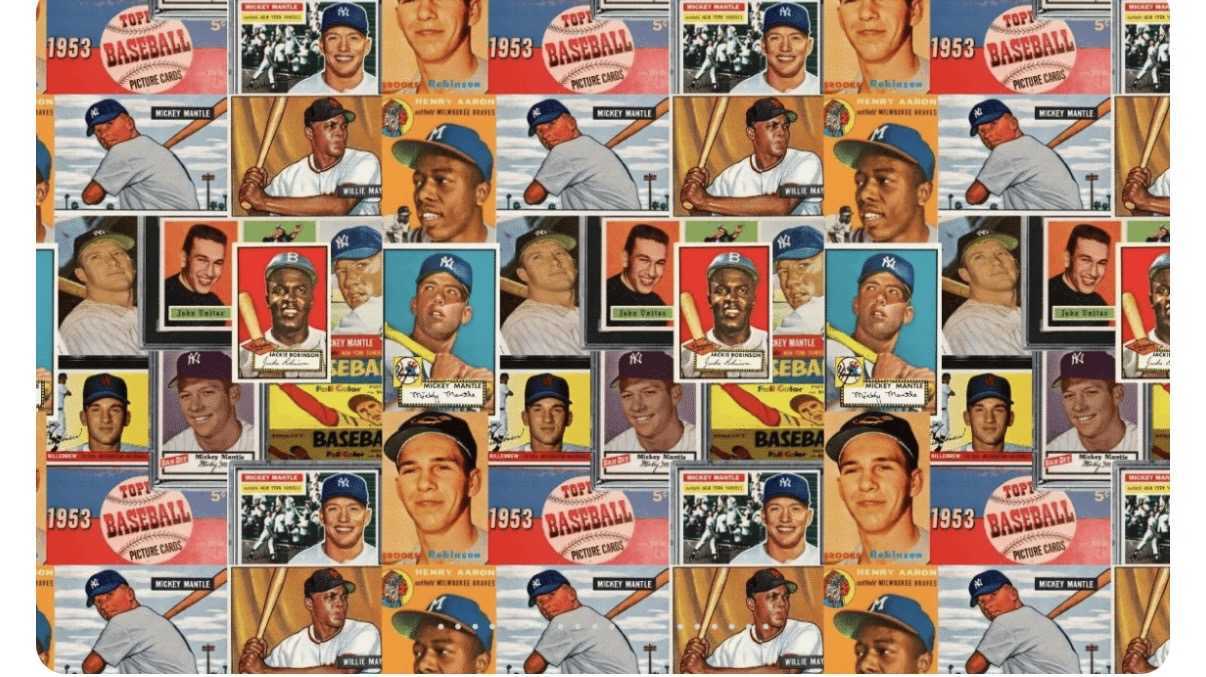 Vintage 1950s Topps baseball cards including Mickey Mantle, Willie Mays, Hank Aaron and Jackie Robinson